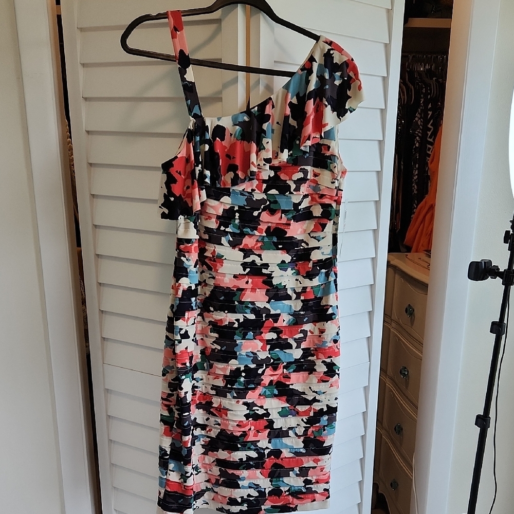 NWT London Times Milti Color  Asymmetrical One-Shoulder Cocktail Dress Sz 12